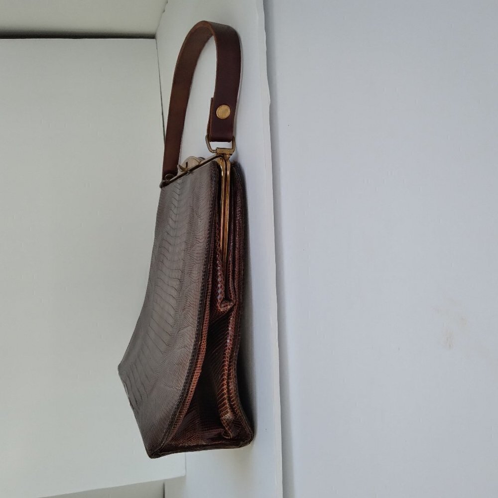 Vintage 1950's/60's Brown Lizard Structured Satchel Handbag - Picture 3 of 12